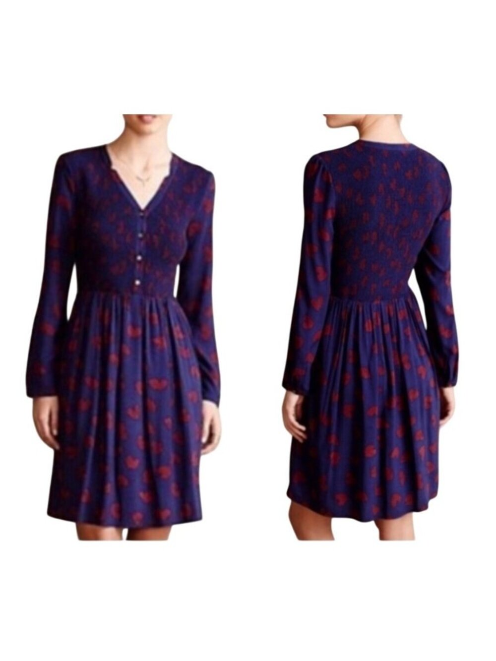 Anthropologie Maeve Women's Smocked Heart  X SMALL Long Sleeve Mini Dress.